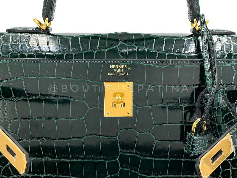 Hermès Vert Cypress Shiny Porosus Crocodile Kelly Bag Sellier 35cm 24k GHW Dark Green XYJ