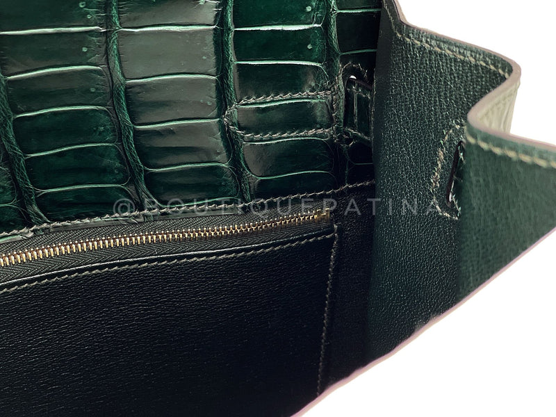 Hermès Vert Cypress Shiny Porosus Crocodile Kelly Bag Sellier 35cm 24k GHW Dark Green XYJ