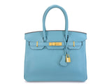 Hermès Blue Cyr Clemence Birkin 30 Tote Bag 24k GHW K16