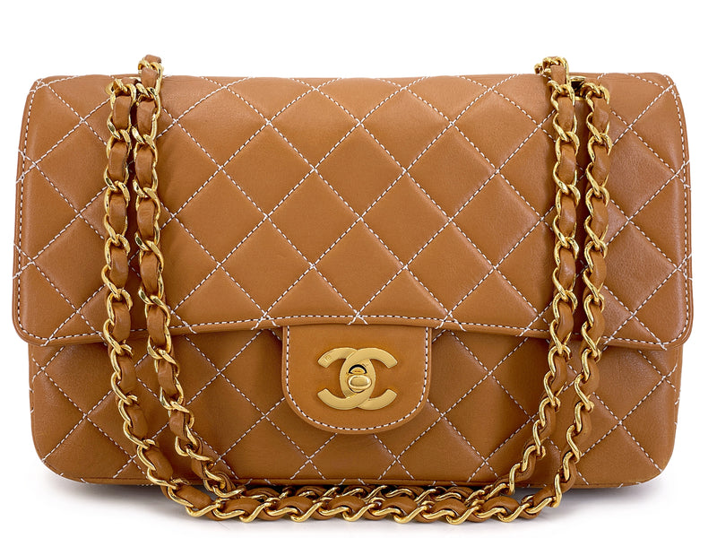 Chanel 1998 Vintage Beige Contrast Stitch Medium Classic Flap Bag 24k GHW XOC