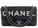 Chanel 2008 Vintage Black Logomania Logo Printed Flap Bag SHW 54Y