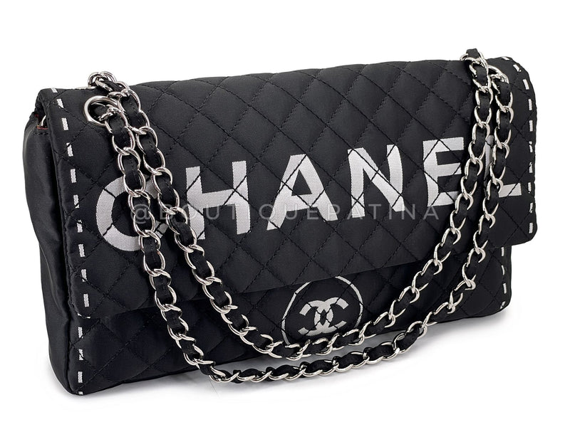 Chanel 2008 Vintage Black Logomania Logo Printed Flap Bag SHW 54Y