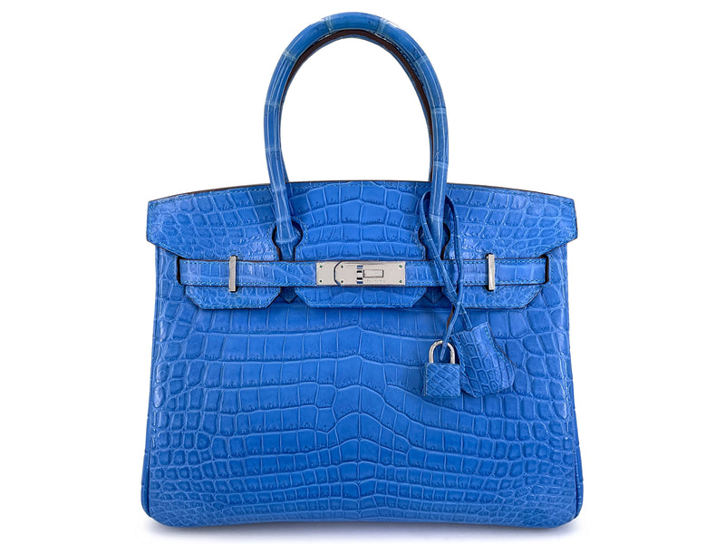 Hermès Blue Mykonos Matte Niloticus Crocodile Birkin 30 Tote Bag PHW MEW