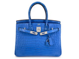 Hermès Blue Mykonos Matte Niloticus Crocodile Birkin 30 Tote Bag PHW MEW