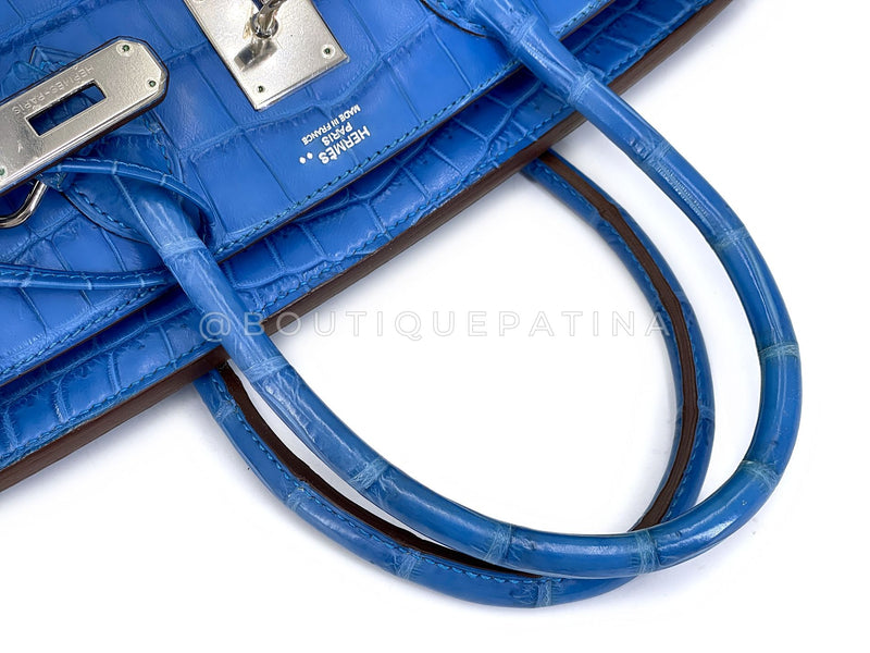 Hermès Blue Mykonos Matte Niloticus Crocodile Birkin 30 Tote Bag PHW MEW