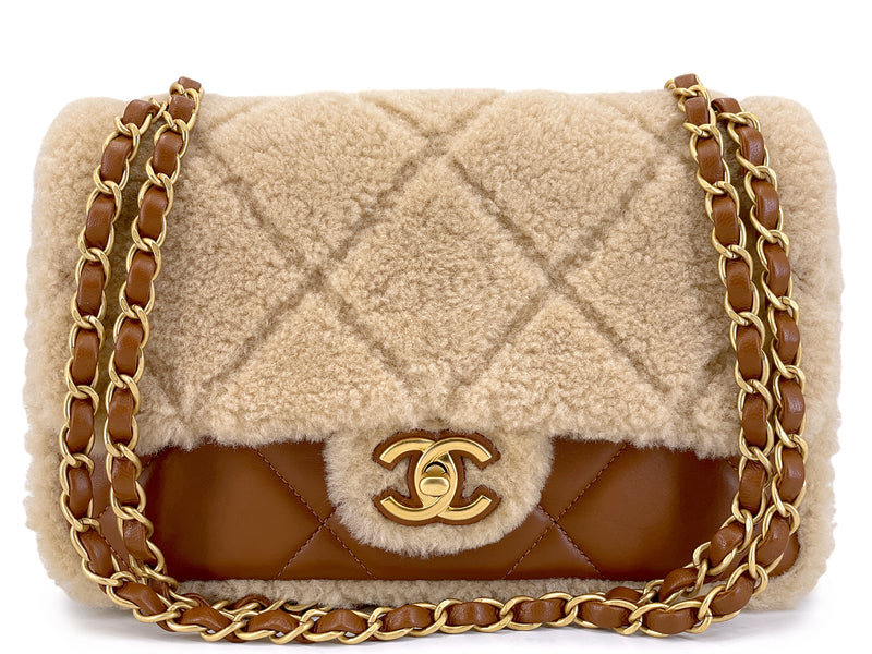 Chanel 24K Brown Shearling Medium Flap Bag GHW DW7