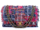 Chanel 2014 Multicolor Fringe Tweed Dark Pink Purple Flap Bag GHW 611