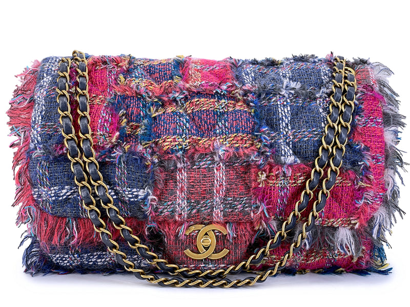 Chanel 2014 Multicolor Fringe Tweed Dark Pink Purple Flap Bag GHW 611