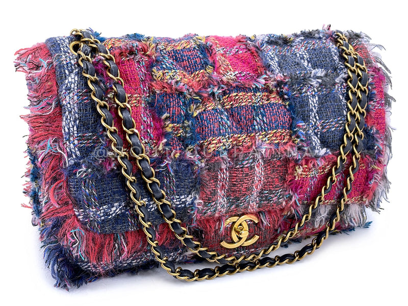 Chanel 2014 Multicolor Fringe Tweed Dark Pink Purple Flap Bag GHW 611