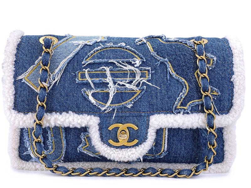 Chanel 19A Egyptian Denim Blue Shearling Hieroglyphic Medium Flap Bag Paris-NY GHW 259