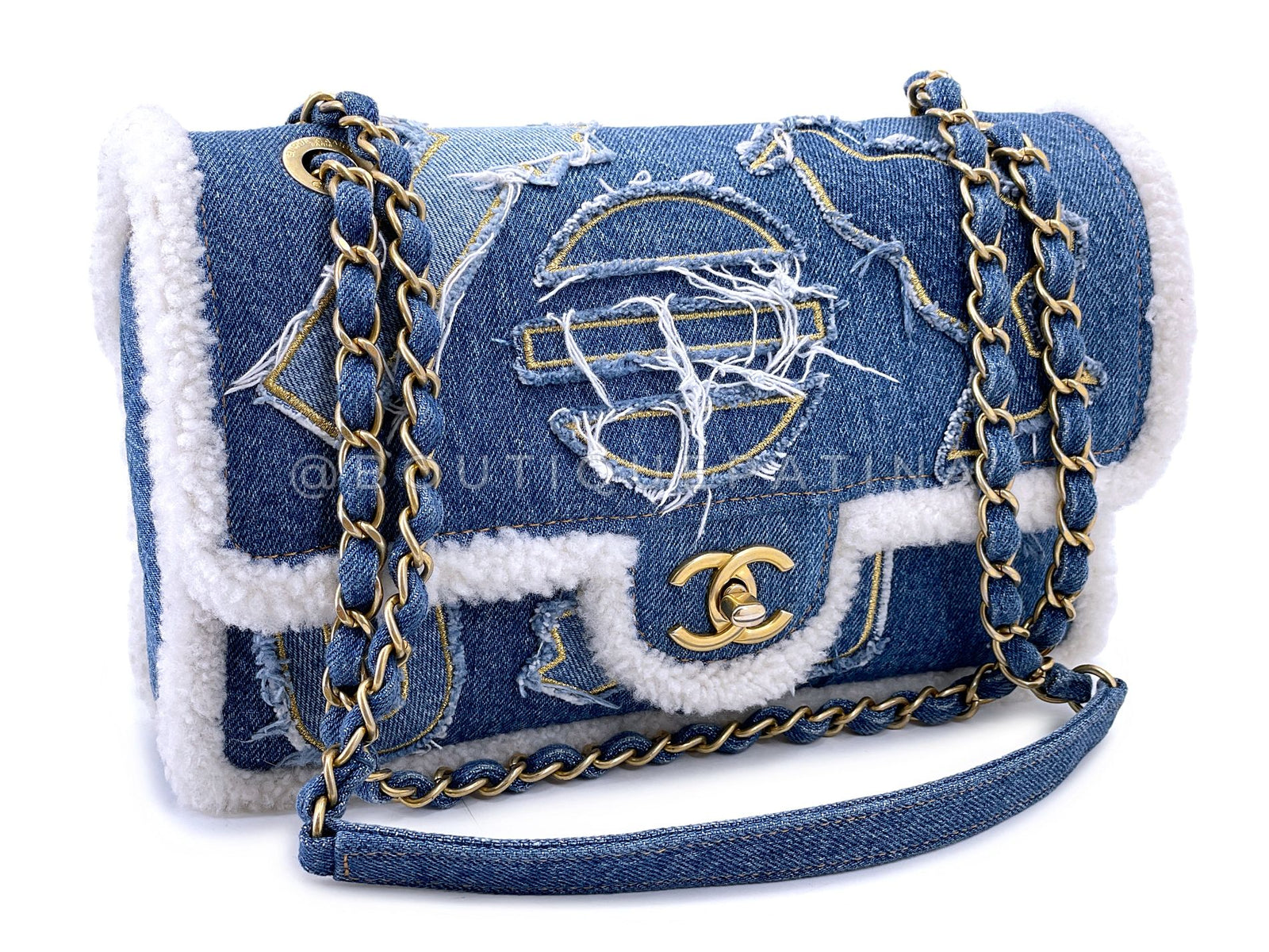 Chanel 19A Egyptian Denim Blue Shearling Hieroglyphic Medium Flap