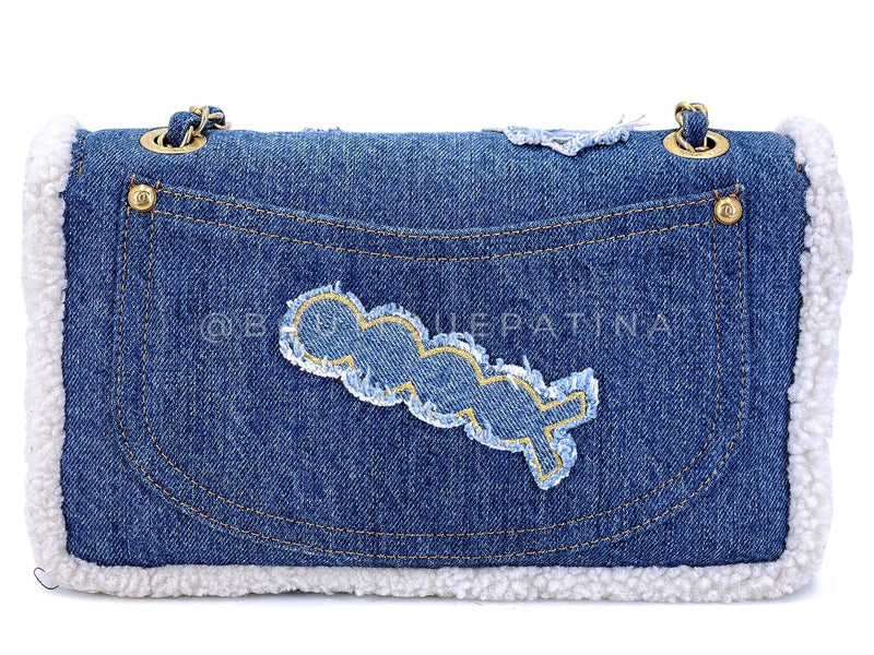 Chanel 19A Egyptian Denim Blue Shearling Hieroglyphic Medium Flap Bag Paris-NY GHW 259