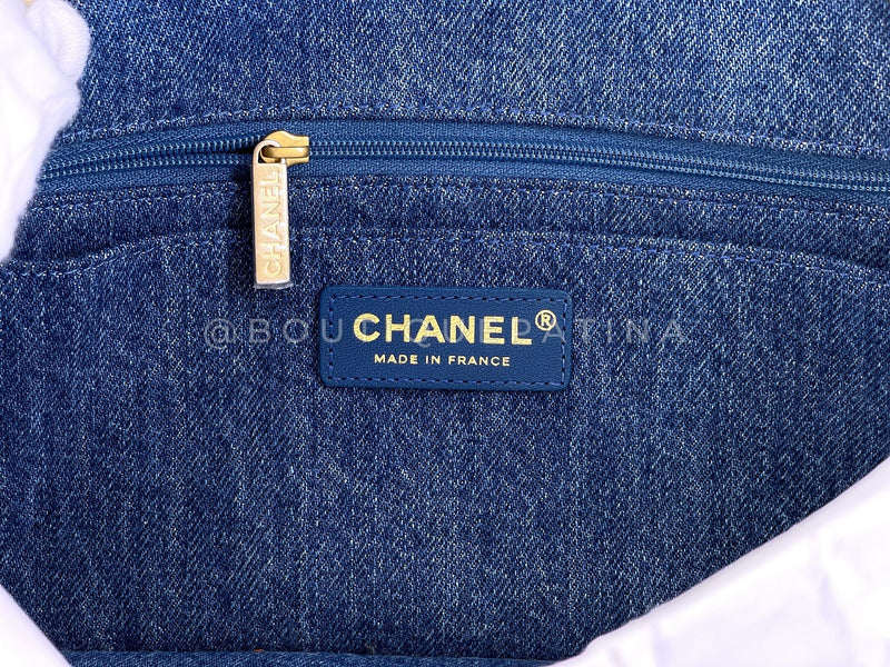 Chanel 19A Egyptian Denim Blue Shearling Hieroglyphic Medium Flap Bag Paris-NY GHW 259