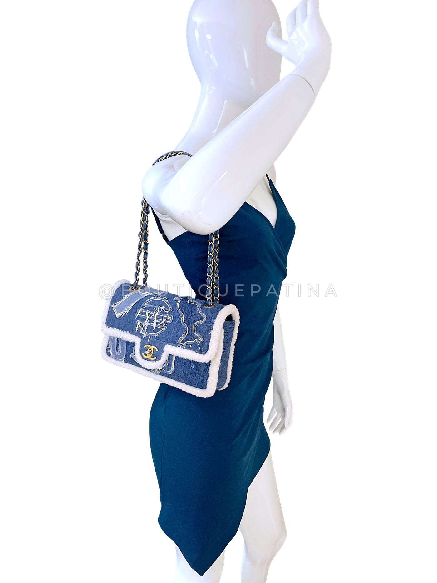Chanel 19A Egyptian Denim Blue Shearling Hieroglyphic Medium Flap