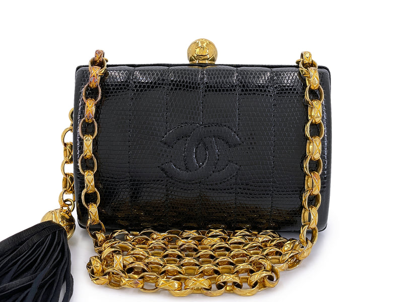 Chanel 1994 Vintage Black Lizard Rolo Chain Evening Clutch Bag 24k GHW W8Y