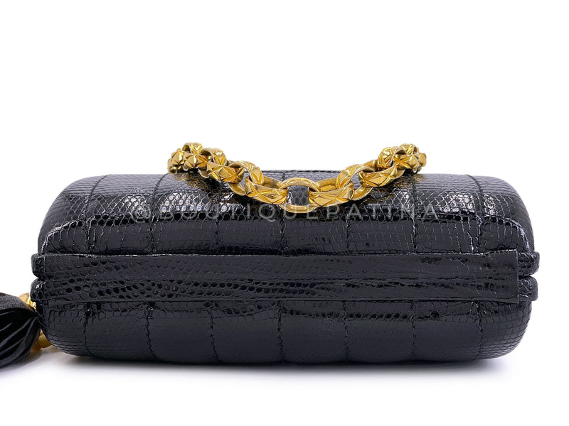 Chanel 1994 Vintage Black Lizard Rolo Chain Evening Clutch Bag 24k GHW W8Y