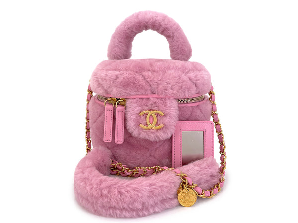 Chanel 2022 Pink Shearling Mini Vanity Bag with Mirror GHW 16Z