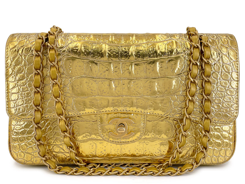 Chanel 19A Gold Crocodile Print Egyptian Medium Classic Double Flap Bag GHW Paris-New York LQL