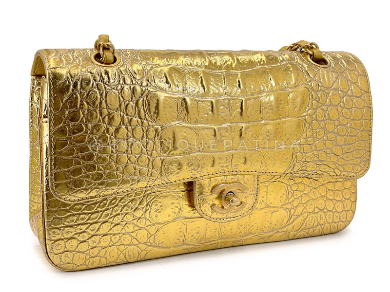 Chanel 19A Gold Crocodile Print Egyptian Medium Classic Double Flap Bag GHW Paris-New York LQL