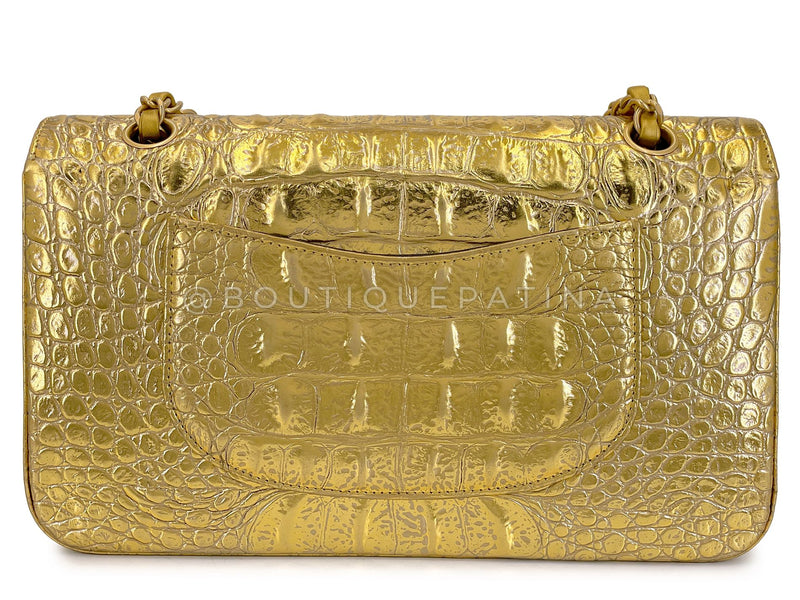 Chanel 19A Gold Crocodile Print Egyptian Medium Classic Double Flap Bag GHW Paris-New York LQL