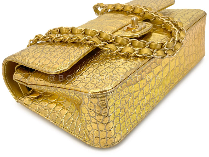 Chanel 19A Gold Crocodile Print Egyptian Medium Classic Double Flap Bag GHW Paris-New York LQL