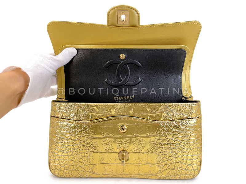 Chanel 19A Gold Crocodile Print Egyptian Medium Classic Double Flap Bag GHW Paris-New York LQL