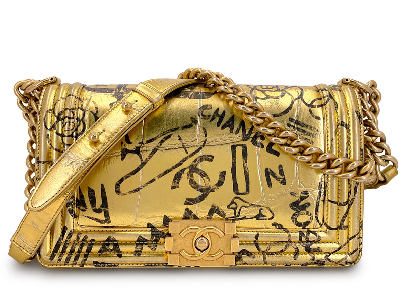 Chanel 19A Egypt Gold Crocodile Print Graffiti Boy Bag Medium GHW Paris-New York 8VU