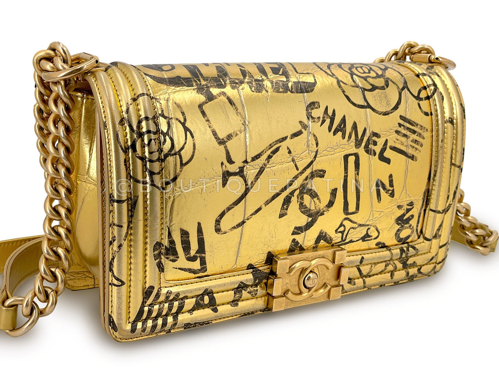Chanel 19A Egypt Gold Crocodile Print Graffiti Boy Bag Medium GHW