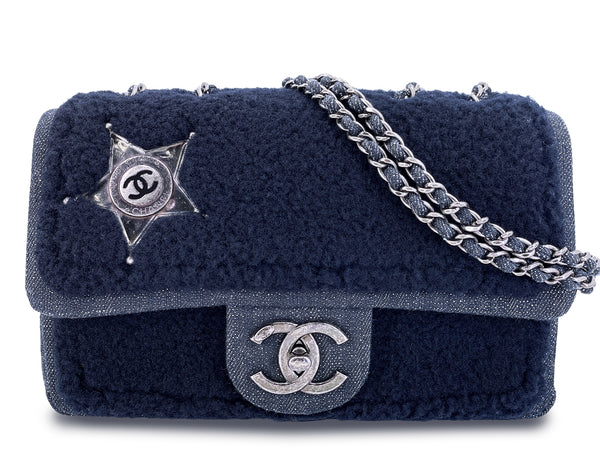 Chanel 14A Blue Denim Shearling Mini Flap Bag Paris-Dallas RHW XFN