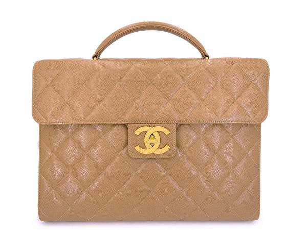 Chanel 1995 Vintage Taupe Beige Caviar Briefcase Tote Bag 24k GHW 7Z0