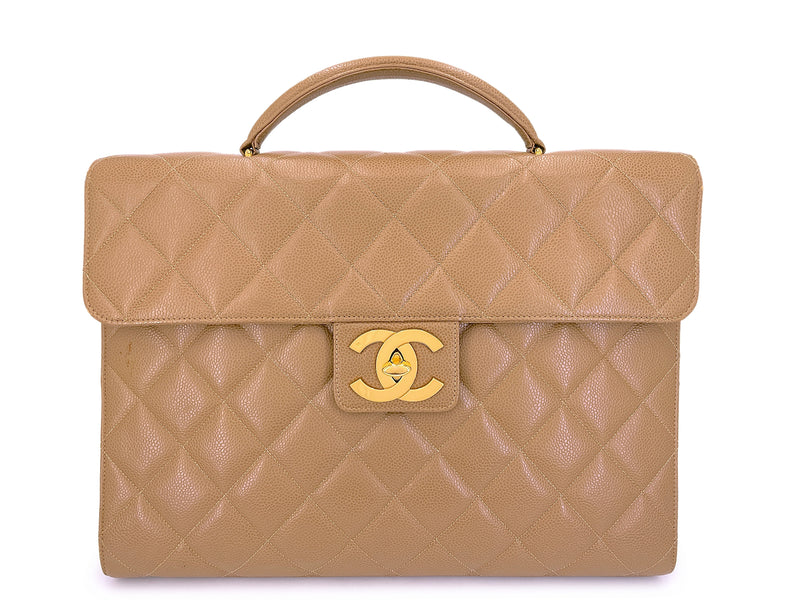 Chanel 1995 Vintage Taupe Beige Caviar Briefcase Tote Bag 24k GHW 7Z0