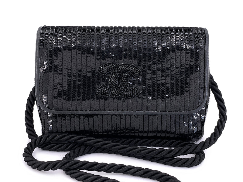 Chanel 1986 Vintage Black Sequin Evening Clutch Crossbody Bag K2J