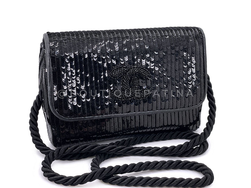 Chanel 1986 Vintage Black Sequin Evening Clutch Crossbody Bag K2J