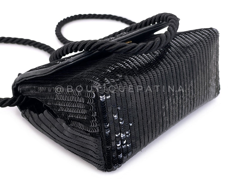 Chanel 1986 Vintage Black Sequin Evening Clutch Crossbody Bag K2J