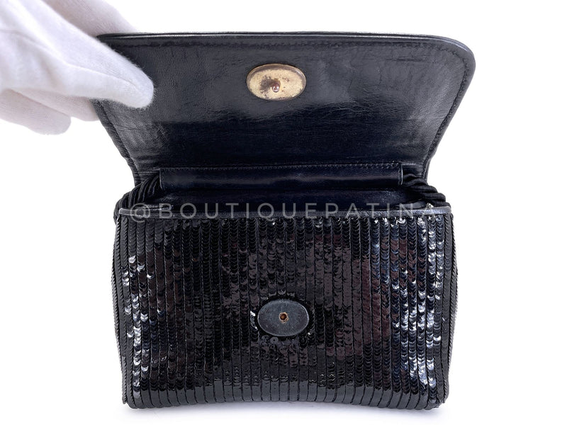 Chanel 1986 Vintage Black Sequin Evening Clutch Crossbody Bag K2J