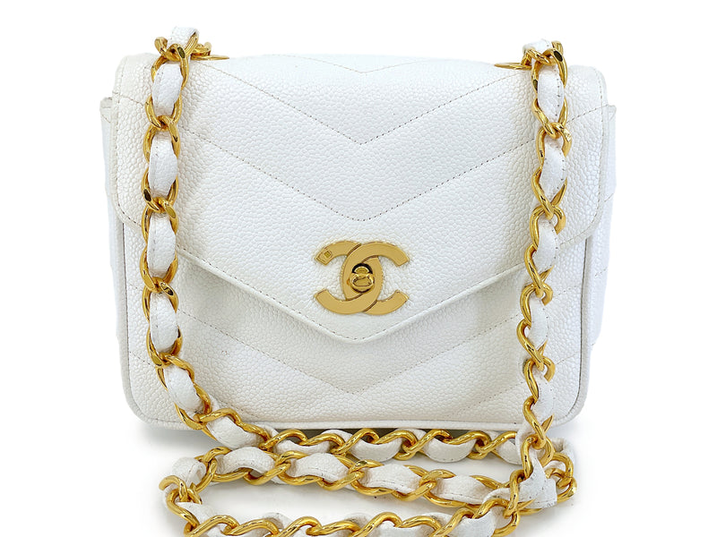 Chanel Vintage White Caviar Mini Flap Bag Chevron 24k GHW 2SG