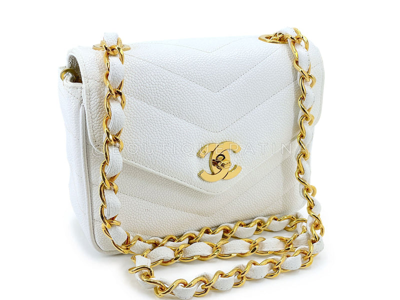 Chanel Vintage White Caviar Mini Flap Bag Chevron 24k GHW 2SG