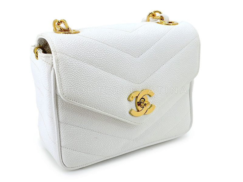 Chanel Vintage White Caviar Mini Flap Bag Chevron 24k GHW 2SG