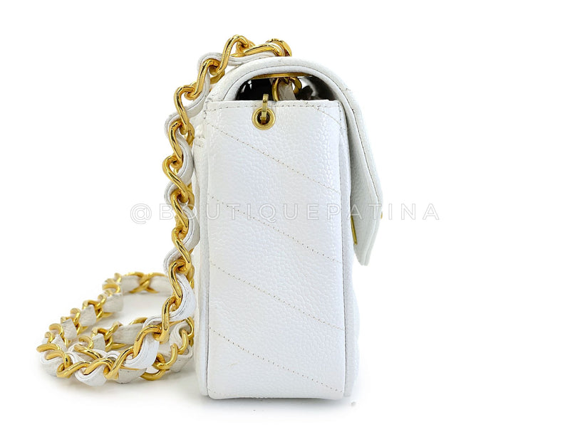 Chanel Vintage White Caviar Mini Flap Bag Chevron 24k GHW 2SG