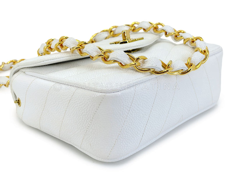 Chanel Vintage White Caviar Mini Flap Bag Chevron 24k GHW 2SG