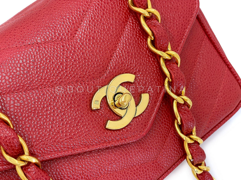 Chanel 1994 Vintage Red Caviar Mini Flap Bag Chevron 24k GHW 3ZJ