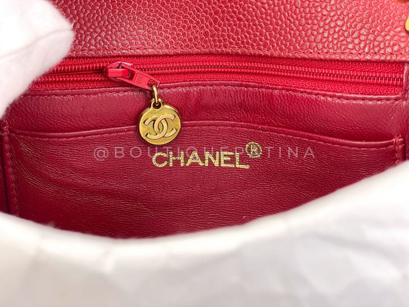 Chanel 1994 Vintage Red Caviar Mini Flap Bag Chevron 24k GHW 3ZJ