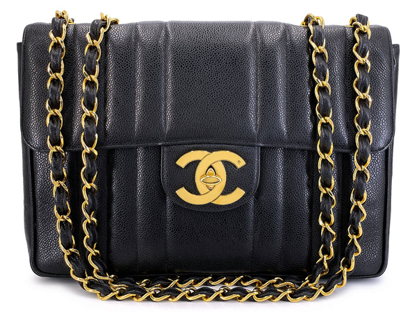 Chanel 1994 Vintage Black Caviar Jumbo Classic Flap Bag 24k GHW Mademoiselle DKV