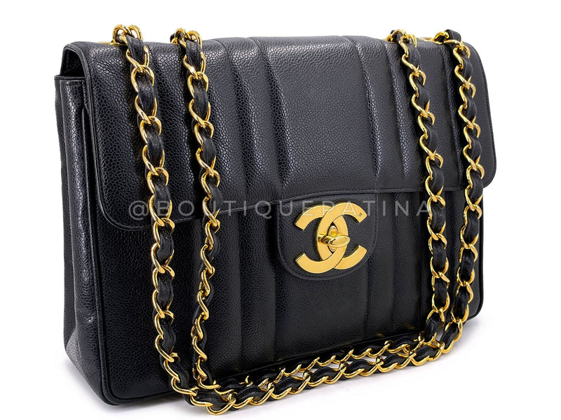 Chanel 1994 Vintage Black Caviar Jumbo Classic Flap Bag 24k GHW Mademoiselle DKV