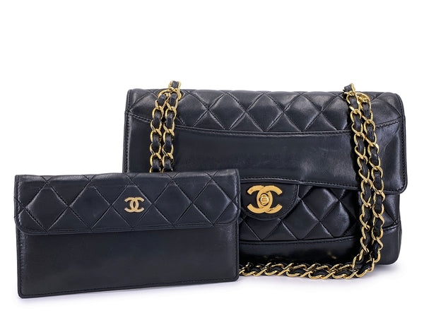 Chanel 1990 Vintage Black Medium Flap Bag w Wallet Set 24k GHW X4M