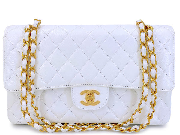 Chanel 1998 Vintage White Caviar Medium Classic Double Flap Bag 24k GHW 4RF