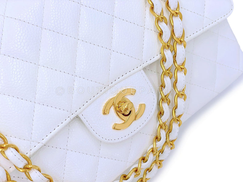 Chanel 1998 Vintage White Caviar Medium Classic Double Flap Bag 24k GHW 4RF