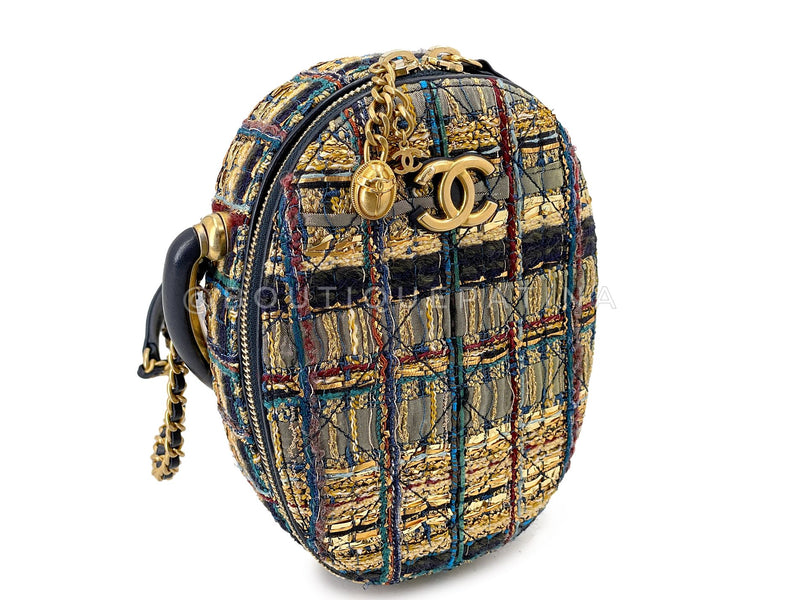 Chanel 19A Egypt Gold Spun Multicolor Tweed Evening Clutch on Chain Minaudière Bag Paris-New York 0G6