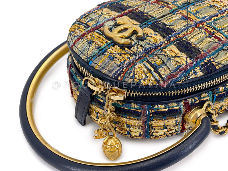 Chanel 19A Egypt Gold Spun Multicolor Tweed Evening Clutch on Chain Minaudière Bag Paris-New York 0G6