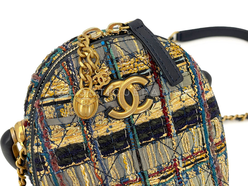 Chanel 19A Egypt Gold Spun Multicolor Tweed Evening Clutch on Chain Minaudière Bag Paris-New York 0G6